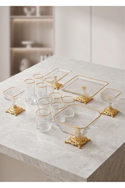ASSA BAZAAR 21-Piece Luxury Glass Presentation and Serving Set with Gold Deta...