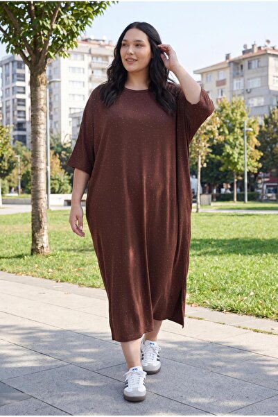 Ebsumu Women's Plus Size Sho Fabric Stone Printed Bat Brown Dress