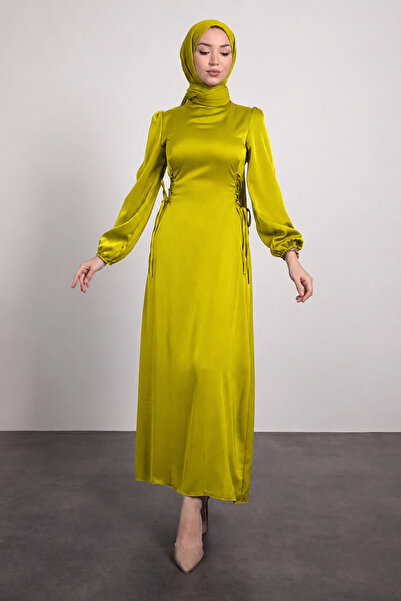 Tesettür Diyarı Women's Side Tie Satin Hijab Evening Dress - Olive Green