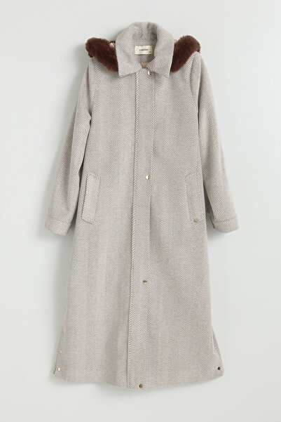 Nihan Plus Size Herringbone Coat - Brown