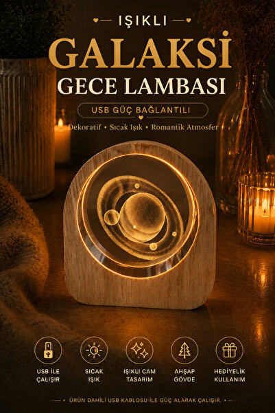 BENT Gezegen Desenli Işıklı Gece Lambası Ahşap Tabanlı USB Bağlantılı Dekorat...