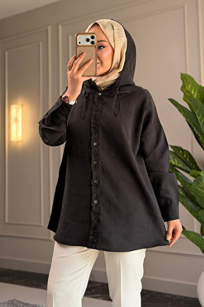 Suede Style 6536- Şık Rahat Fırfır Detaylı Yumuşak Dokuma Kumaş Kadın Kapüşon...