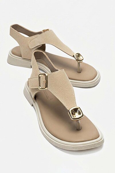 CCWAY AYAKKABI Women's Sandals with Stones between the Toes Beige Suede