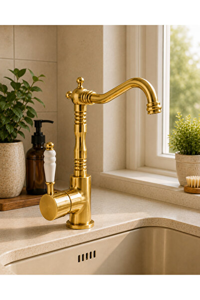 DMR VESTA Gold Pvd Coating Kitchen Sink Faucet with Ceramic Handle Vintage Lu...