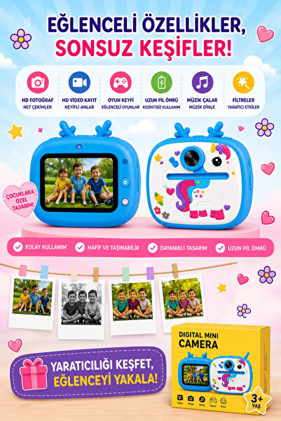 Vothoon Unicorm Tasarımlı Anında Baskılı Çocuk Fotoğraf Makinesi 1080P Dijita...