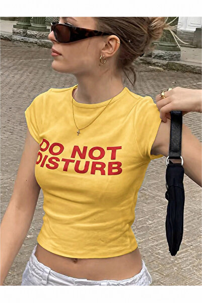 PALPİTO Kadın Sarı Do Not Dısturb Baskılı Bisiklet Yaka Dar Crop Tshirt