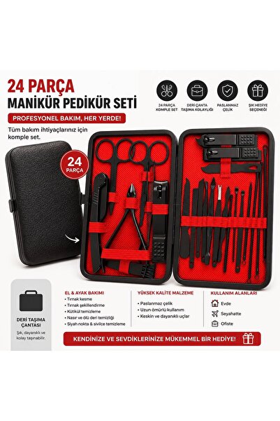 24 PARÇA DERİ ÇANTALI MANİKÜR PEDİKÜR SETİ