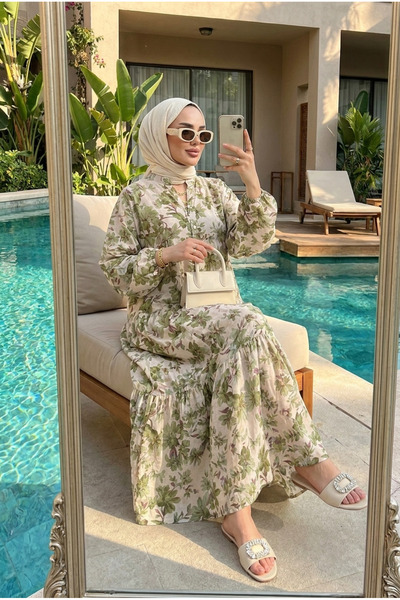 Women's Romantic Floral Pattern Layered Modest Dress
