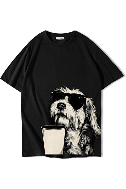 BRZ COLLECTION Tricou unisex oversize cu imprimeu Shih Tzu, negru