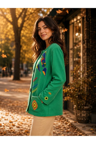 Miss Boheme Spring Flower Green Color Special Design Hand Knitted Bohemian Jacket with Floral Applique and Pocket Detail