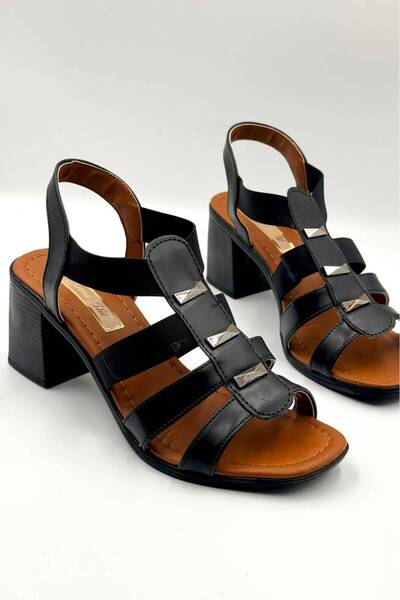 DefHeel'e Elastic Metal Buckle Detailed Heeled Shoes Women's Sandals Black