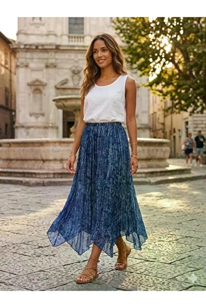 Butik Eylül Asimetrik Şal Desenli,Standar Beden Şifon Etek