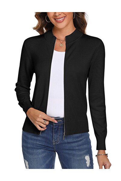 OEM women's long-sleeved stand-up collar cardigan sweater cardigan with zippe...
