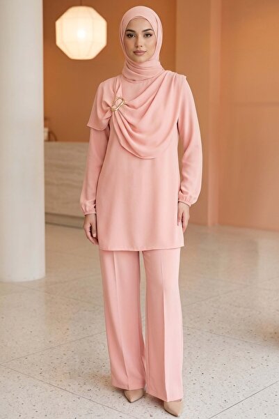 TOFİSA Buckle Detailed Woven Viscose Double Set - 2093-Pudra