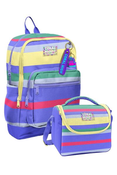 Coral High Colorful Stripe Patterned Girls' Backpack and Lunchbox Set (4 Comp...