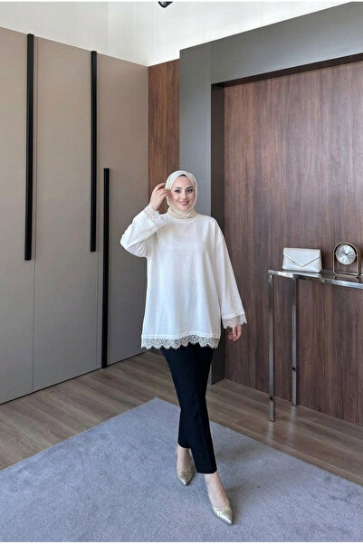 Asya Karen Dantel Detaylı Geniş Kol Bluz