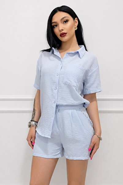 FashionForYou Costum casual din bumbac cu cristale KARMELL și pantaloni scurț...
