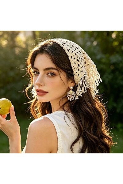 synshop Crem - Ecru File Püsküllü Premium Knit Bohemian Bandana Summer Chic K...