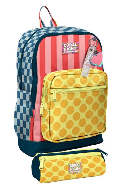 Coral High School Backpack and Pencil Case Set - Yellow Pink Green Polka Dot ...
