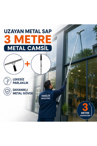 Primeaks 3M Uzayan Saplı Metal Camsil Seti 35 cm Profesyonel Cam Temizleme Ap...