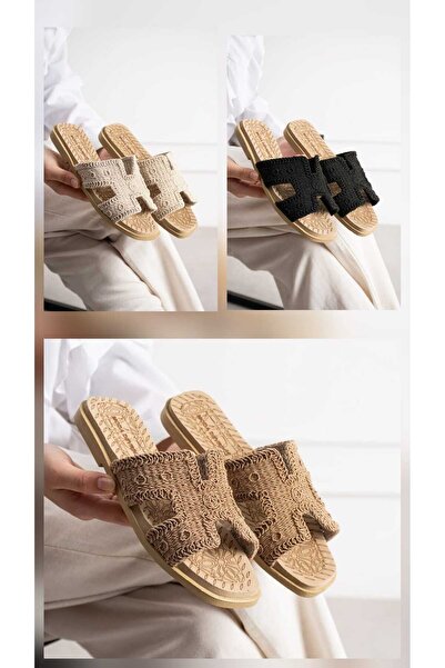 Moda Devrin 3'lü Paket Hasır Önü Yanı Açık Kadın Terlik Dış Mekan ve Ev Terliği