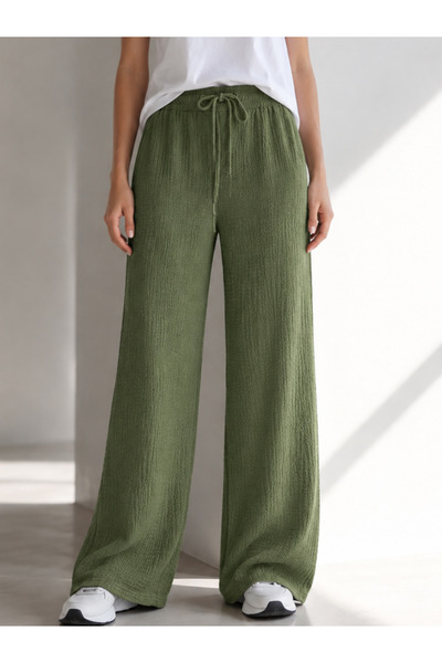 DEEPSENCE Pantaloni largi din țesătură verde plisată pentru femei