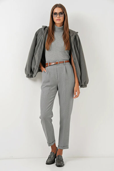Generic Brand Women's Belted Cotton Gray Trousers