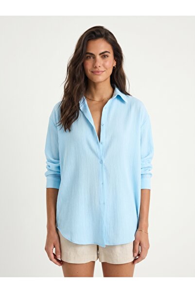 ONLOOX Baby Blue Cotton Wrinkled Fabric Off-Shoulder Oversize Basic Buttoned ...