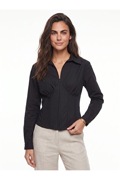 ONLOOX Black Cotton Shirt Collar Long Sleeve Fitted Zipper Back Tie Corset De...