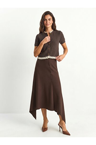 ONLOOX Bitter Brown Knitted Fabric Asymmetrical Cut Midi Skirt with Elastic W...