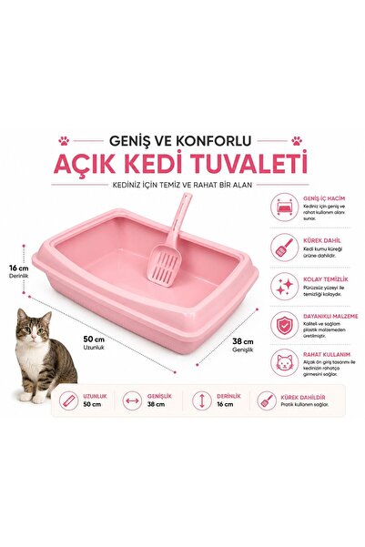 cdk Açık Kedi Tuvaleti Kürekli Set – Geniş Plastik Kum Kabı – 50x38x16 cm