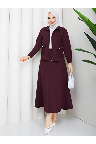 MİHRİZAR Women's Pocket Detailed Zippered Jacket and Skirt Islamic Clothing T...