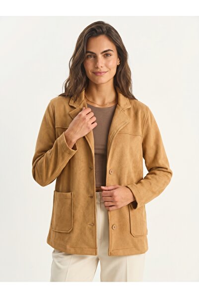 ONLOOX Camel Suede Textured Belted and Pocket Detailed Long Sleeve Buttoned C...