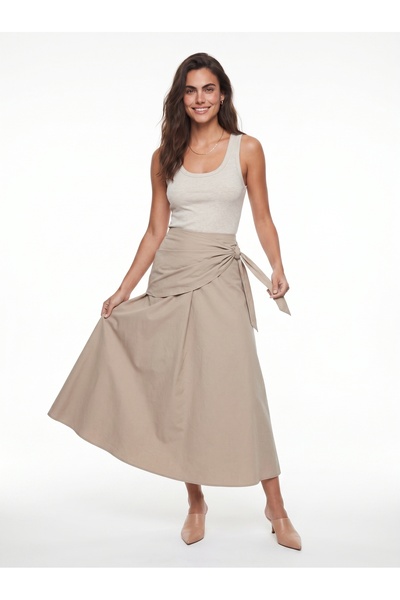 ONLOOX Beige Cotton Waist-Tied Comfortable Fit Flowing Form Side Zipper Long ...