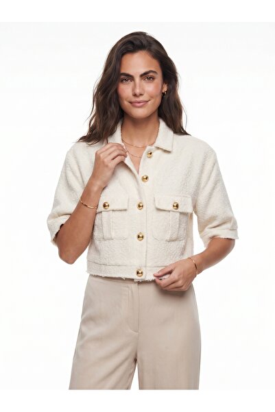ONLOOX White Acrylic Wool Blend Fabric Short Sleeve Metal Buttoned Flap Pocke...