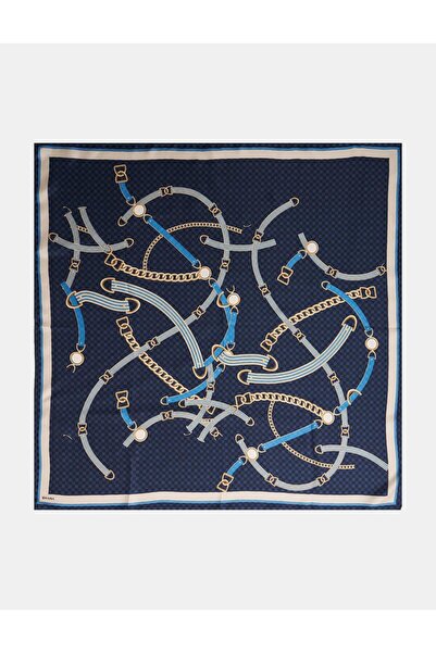 Kayra Chain Pattern Silk Scarf Navy Blue