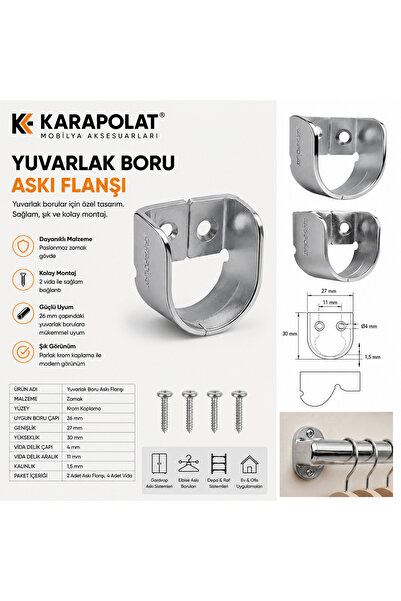 KARAPOLAT Dolap Içi Yuvarlak Gardrop Boru Tutucu Aparatı Elbise Askı Flanşı 2...
