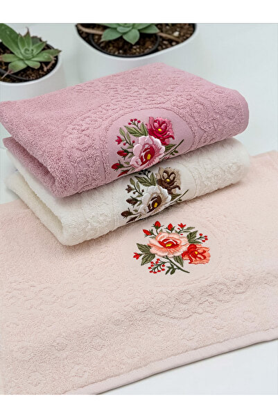 AYHANHOME طقم مناشف للوجه مطرزة بالزهور 3 قطع مقاس 50x90