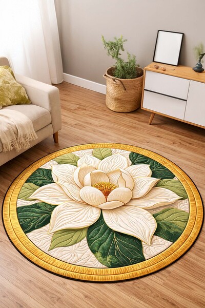 Qatalina Lotus Çiçek 3D Efektli Dijital Baskı Kaymaz Taban Yıkanabilir Yuvarl...