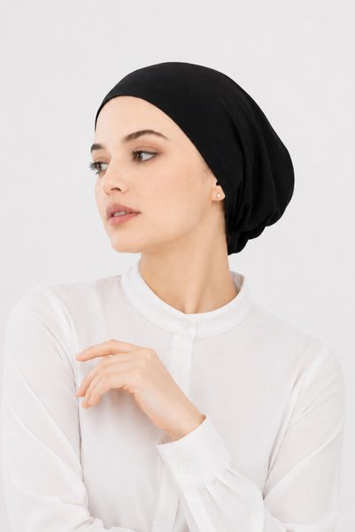 Ramellia Luxury Seamless Women's Black Ready-To-Wear Turban Cap, Practical Hijab Cap Suitable for Daily Use, Lycra Non-Slip Cap
