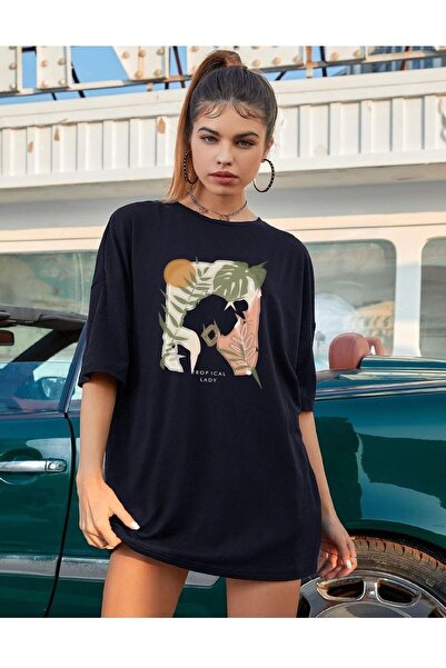 JENOLAN Women's Tropical Lady Printed Oversize T-Shirt