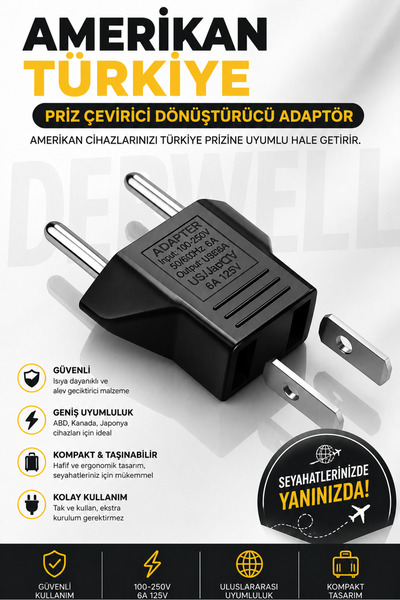 Derwell Amerikan Türkiye Priz Çevirici Dönüştürücü Adaptör ABD Kanada Japonya...