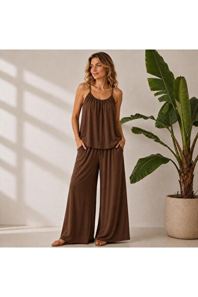 Mİ TİA ATELİER Women's Rope Strap Blouse with Elastic Waist Wide Leg Pants Fl...