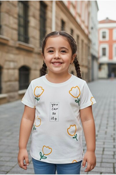 ecrin kids Kız Çocuk Lale Baskılı Yazılı Pamuklu Kısa Kollu Tişört