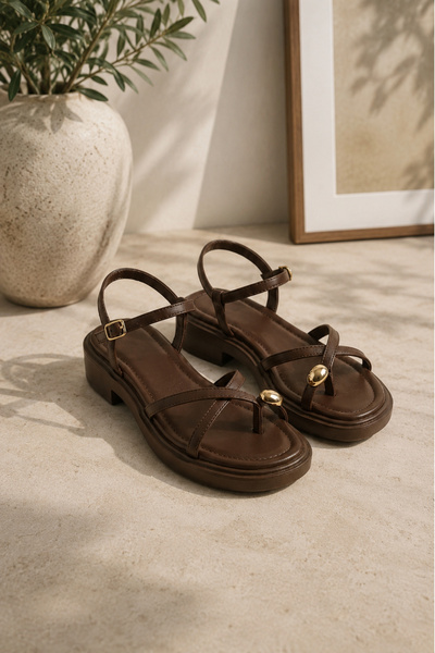 Büşra Çetin Gold Color Ring Detailed Casual Sporty Stylish Women's Sandals, B...