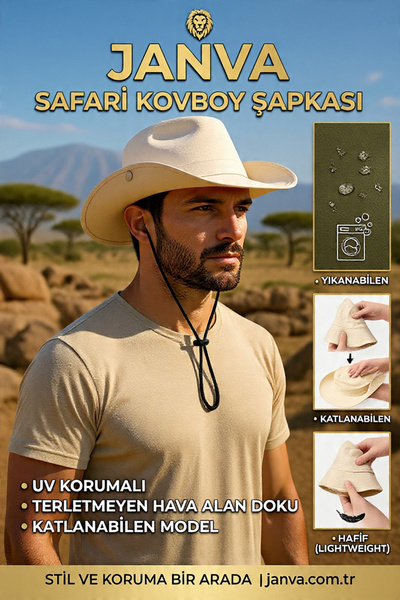 Janva Yazlık Yürüyüş Katlanabilir Safari Fötr Şapkası Kovboy Şapkası Uv Korum...