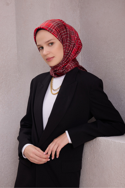 Belli وشاح حريري من التويل بنقشة مربعات، أحمر، بورجوندي