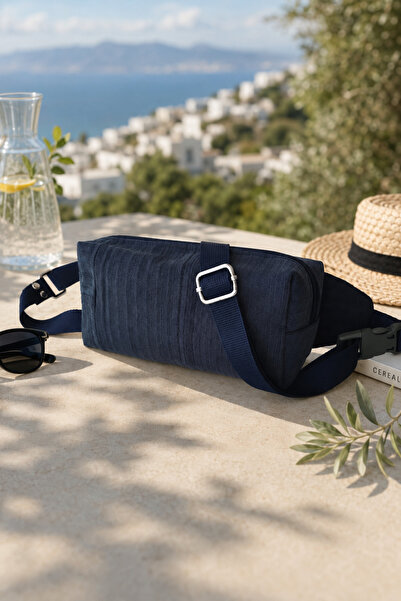 minart design Lacivert Kendinden Çizgili Denim Patchwork Tasarım Çapraz kulla...