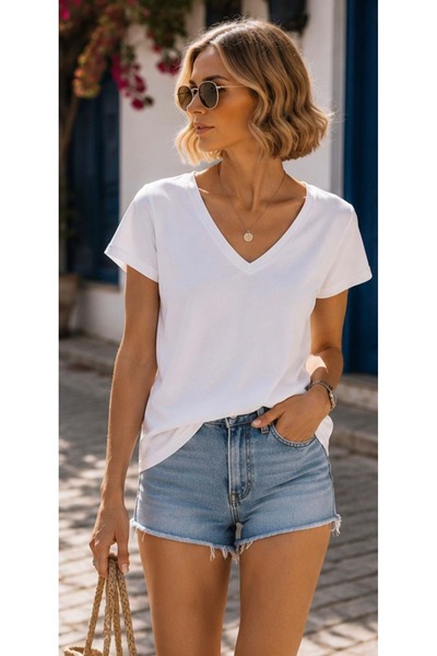 ibeeka Premium Basic Γυναικείο T-Shirt με V-λαιμόκοψη και φαρδιά γραμμή - Κόκ...