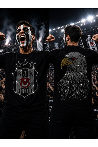 yadigarlik Kartal Temalı Kristal Taş İşlemeli Siyah Unisex Tişört – Özel Tasa...